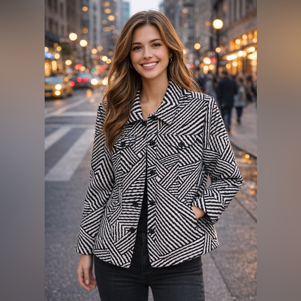 Ruby Rd. Black and White Geometric Quilted Jean Jacket